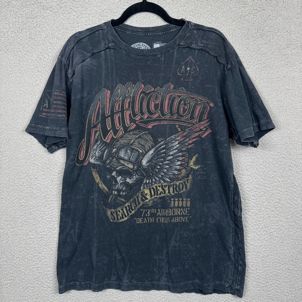 Affliction Tshirt Mens L Charcoal Gray Biker‎ Scull Grunge Faded Retro Military